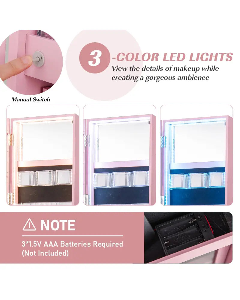 360° Rotating Mirrored Jewelry Cabinet Armoire 3 Color LED Modes Lockable-Pink - Pink - Jewelry Armoires