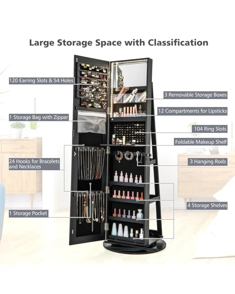 360° Rotating Mirrored Jewelry Cabinet Armoire 3 Color LED Modes Lockable-Black - Black - Jewelry Armoires