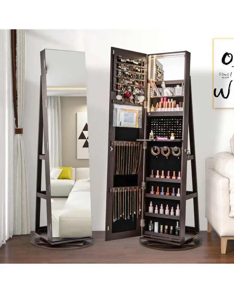 360° Rotating Mirrored Jewelry Cabinet Armoire 3 Color LED Modes Lockable-Espresso - Espresso - Jewelry Armoires