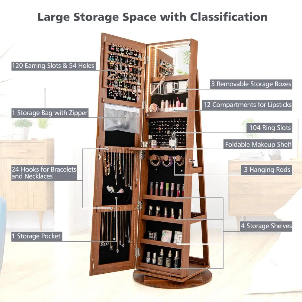 360° Rotating Mirrored Jewelry Cabinet Armoire 3 Color LED Modes Lockable-Dark Brown - Dark Brown - Jewelry Armoires