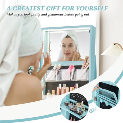 360° Rotating Mirrored Jewelry Cabinet Armoire 3 Color LED Modes Lockable-Blue Costway