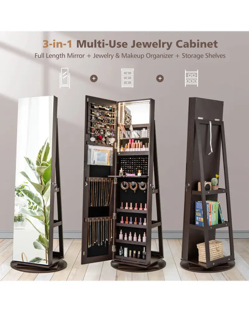 360° Rotating Mirrored Jewelry Cabinet Armoire 3 Color LED Modes Lockable-Espresso - Espresso - Jewelry Armoires