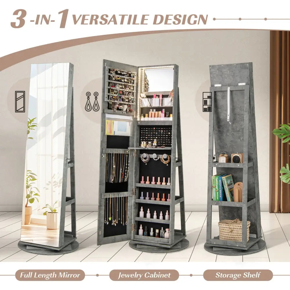 360° Rotating Mirrored Jewelry Cabinet Armoire 3 Color LED Modes Lockable-Green - Green - Jewelry Armoires
