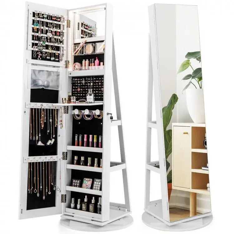 360° Rotating Mirrored Jewelry Cabinet Armoire 3 Color LED Modes Lockable - White - Oasis Home Essentials