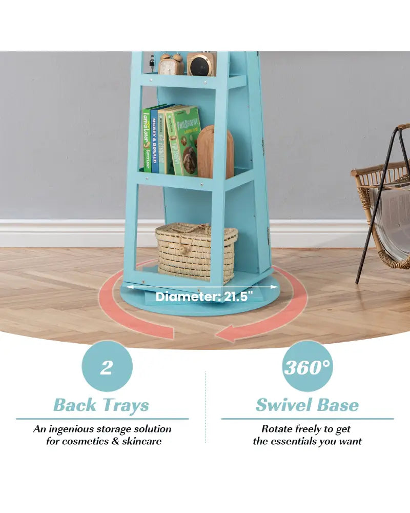 360° Rotating Mirrored Jewelry Cabinet Armoire 3 Color LED Modes Lockable-Blue - Blue - Jewelry Armoires