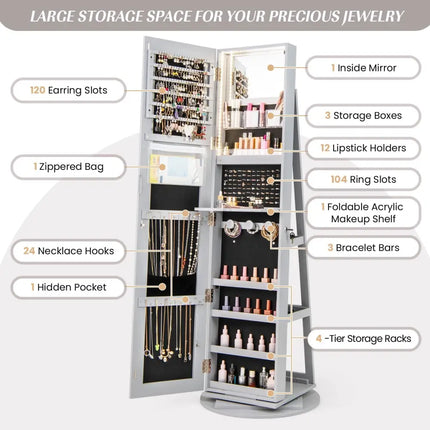 360° Rotating Mirrored Jewelry Cabinet Armoire 3 Color LED Modes Lockable-Gray Costway