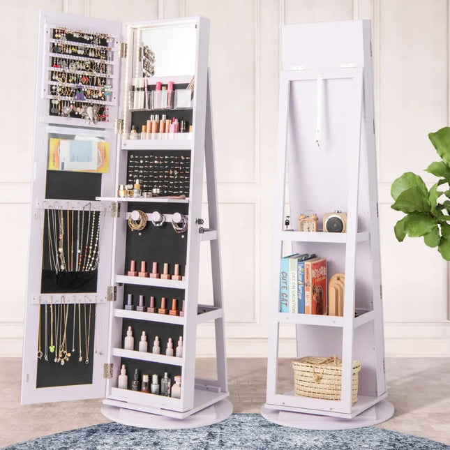 360° Rotating Mirrored Jewelry Cabinet Armoire 3 Color LED Modes Lockable-Purple Costway