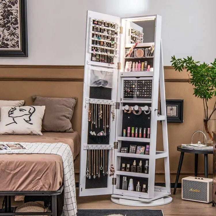 360° Rotating Mirrored Jewelry Cabinet Armoire 3 Color LED Modes Lockable - White - Oasis Home Essentials