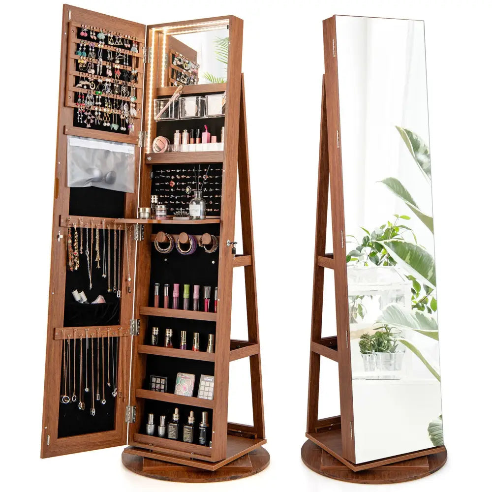 360° Rotating Mirrored Jewelry Cabinet Armoire 3 Color LED Modes Lockable-Dark Brown - Dark Brown - Jewelry Armoires