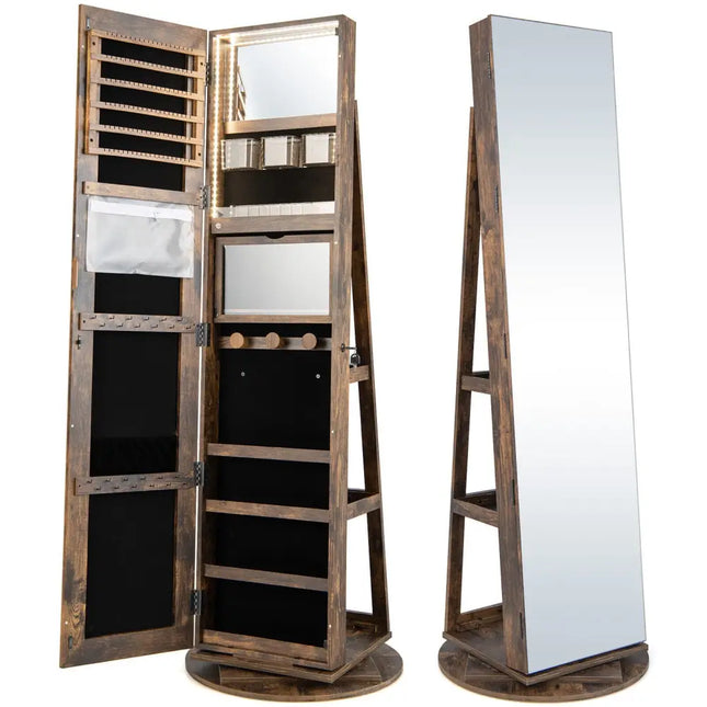360° Rotating Mirrored Jewelry Cabinet Armoire 3 Color LED Modes Lockable-Brown - Brown - Jewelry Armoires