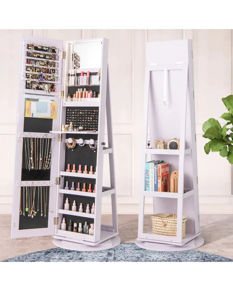 360° Rotating Mirrored Jewelry Cabinet Armoire 3 Color LED Modes Lockable-Purple - Purple - Jewelry Armoires