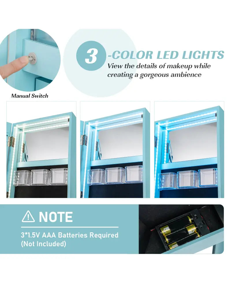 360° Rotating Mirrored Jewelry Cabinet Armoire 3 Color LED Modes Lockable-Blue - Blue - Jewelry Armoires