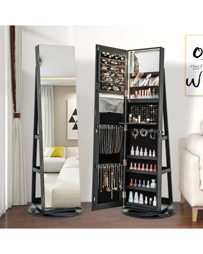 360° Rotating Mirrored Jewelry Cabinet Armoire 3 Color LED Modes Lockable-Black - Black - Jewelry Armoires