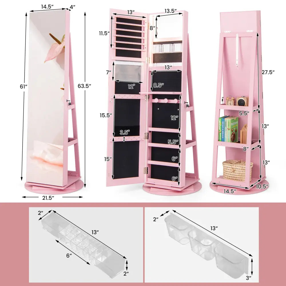360° Rotating Mirrored Jewelry Cabinet Armoire 3 Color LED Modes Lockable-Pink - Pink - Jewelry Armoires