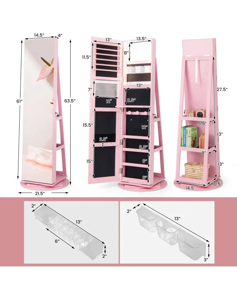 360° Rotating Mirrored Jewelry Cabinet Armoire 3 Color LED Modes Lockable-Pink - Pink - Jewelry Armoires