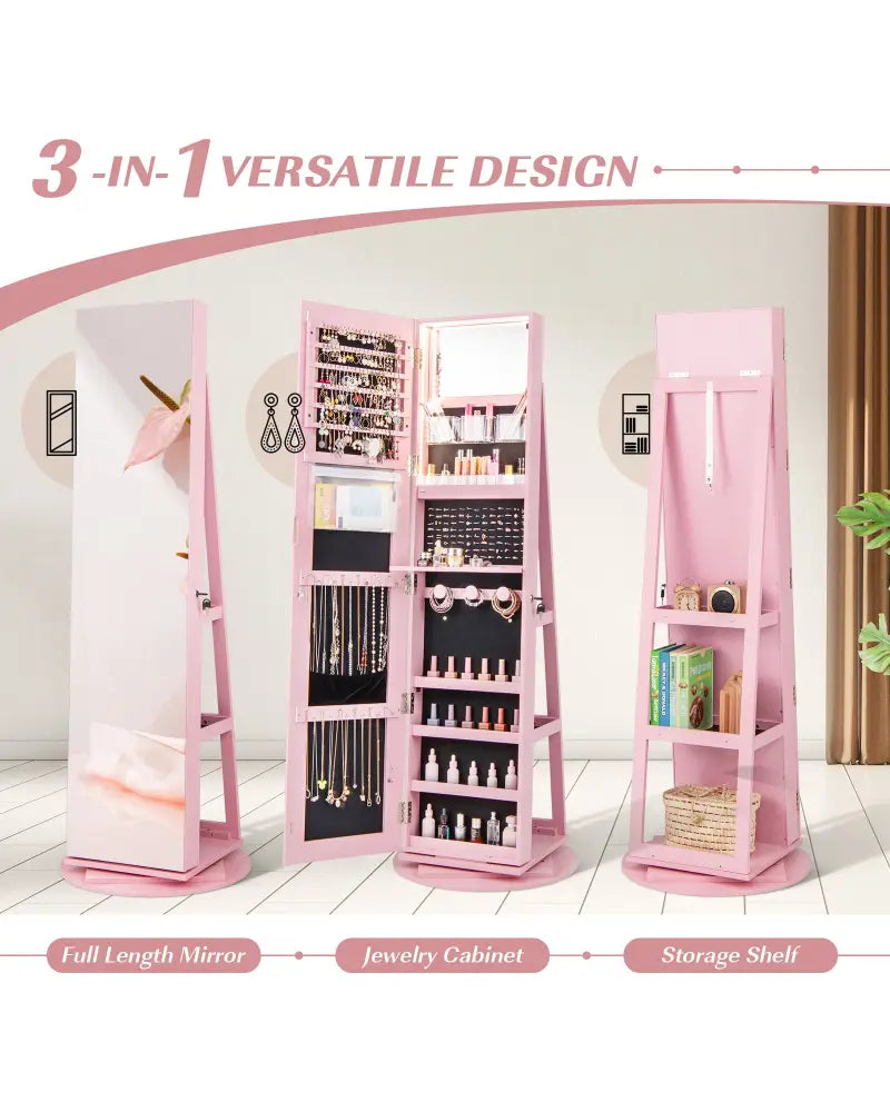 360° Rotating Mirrored Jewelry Cabinet Armoire 3 Color LED Modes Lockable-Pink - Pink - Jewelry Armoires