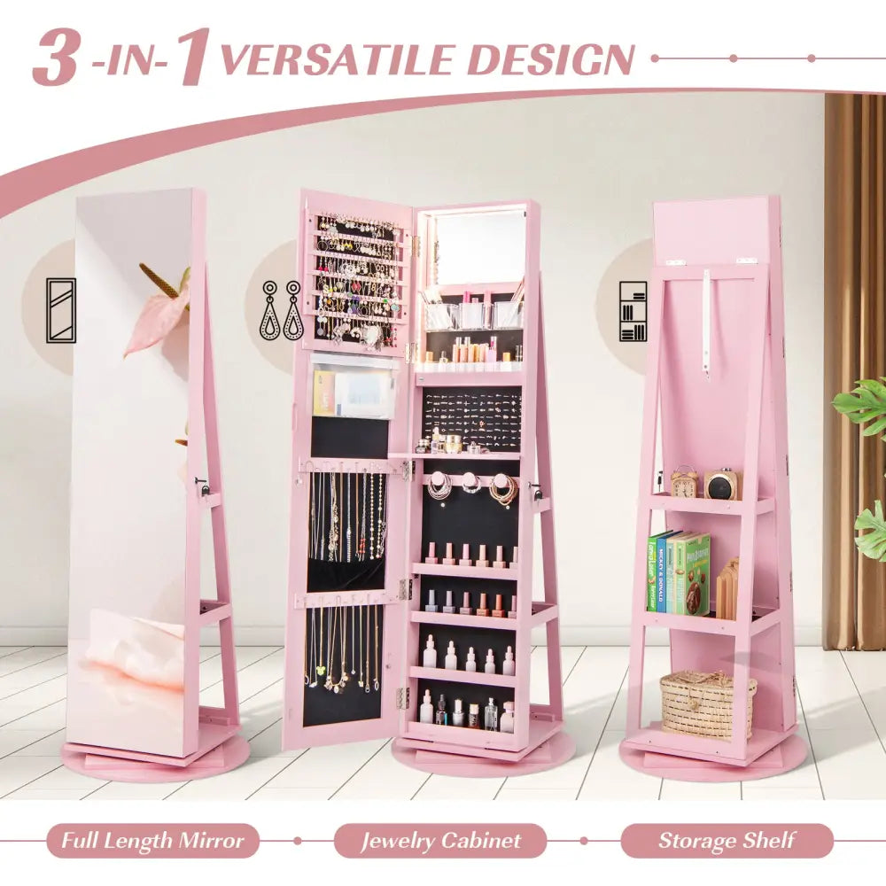 360° Rotating Mirrored Jewelry Cabinet Armoire 3 Color LED Modes Lockable-Pink - Pink - Jewelry Armoires
