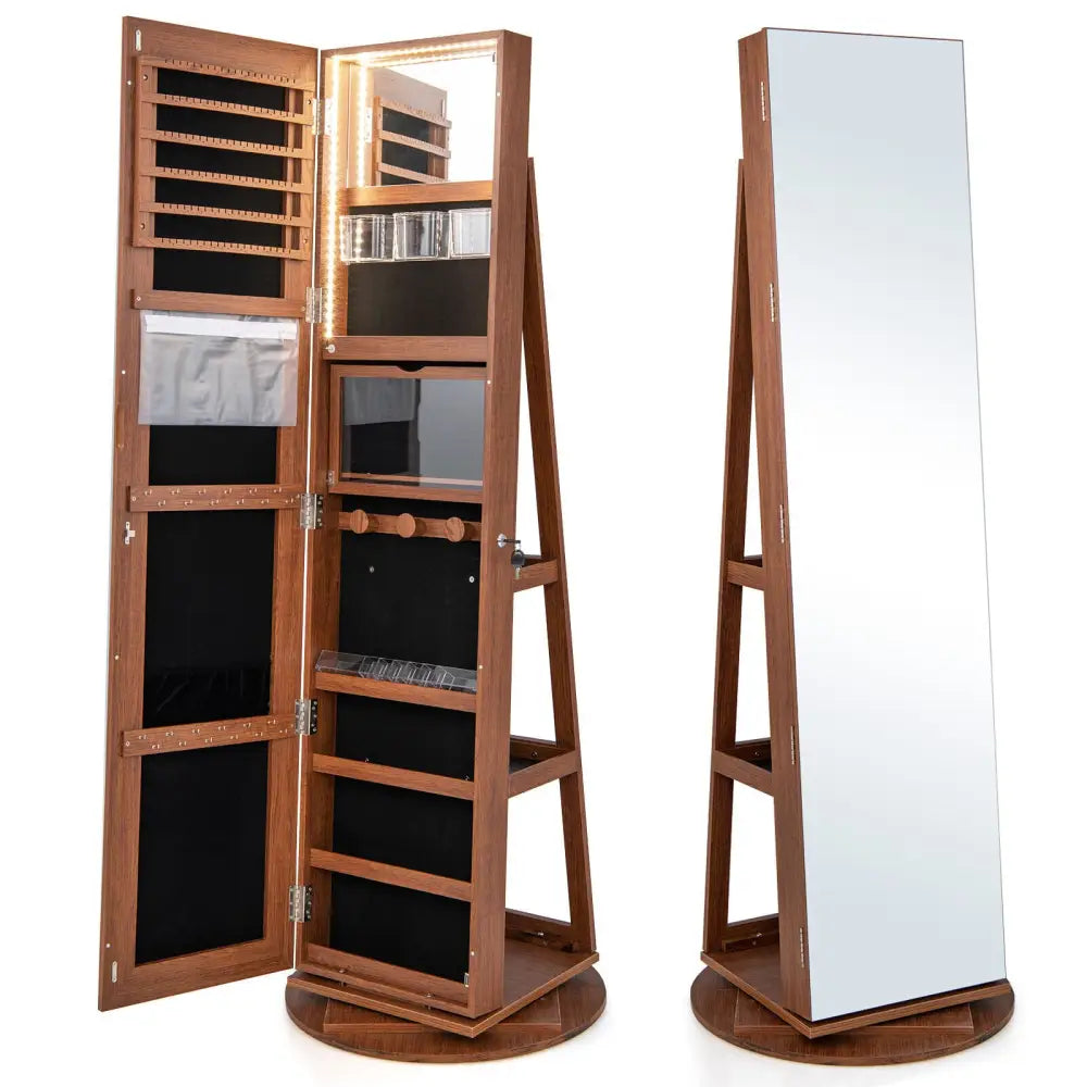 360° Rotating Mirrored Jewelry Cabinet Armoire 3 Color LED Modes Lockable-Dark Brown - Dark Brown - Jewelry Armoires