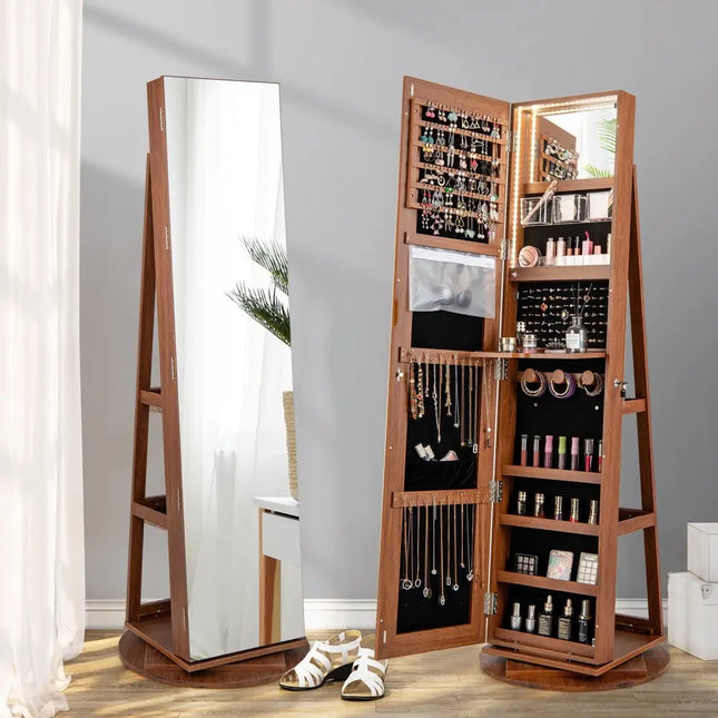 360° Rotating Mirrored Jewelry Cabinet Armoire 3 Color LED Modes Lockable-Dark Brown Costway