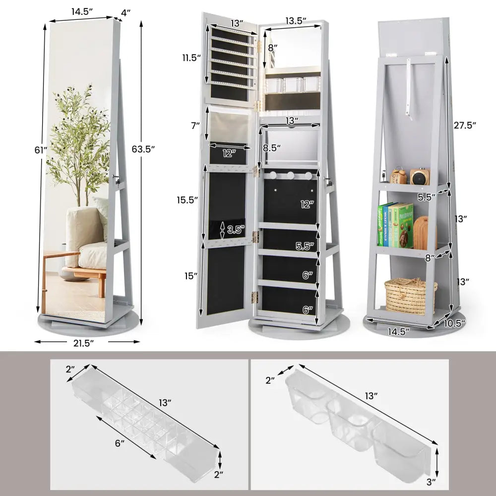 360° Rotating Mirrored Jewelry Cabinet Armoire 3 Color LED Modes Lockable-Gray - Gray - Jewelry Armoires