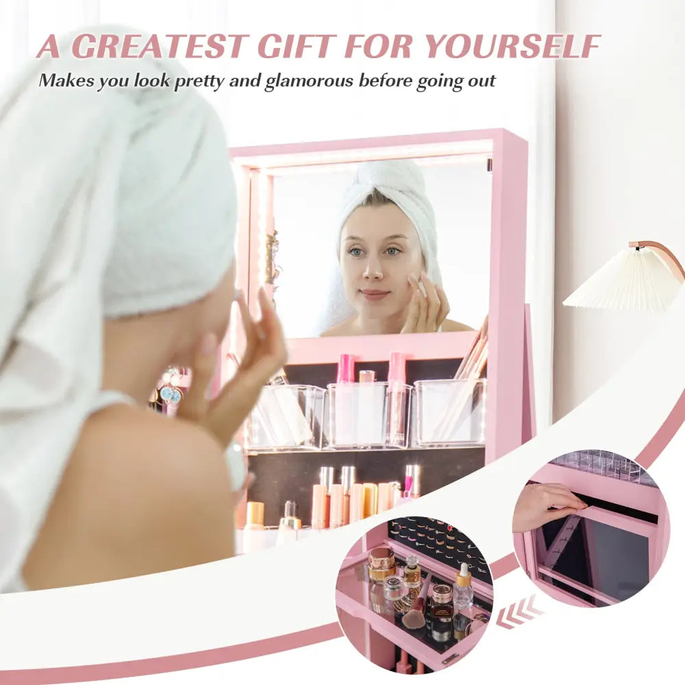 360° Rotating Mirrored Jewelry Cabinet Armoire 3 Color LED Modes Lockable-Pink - Pink - Jewelry Armoires