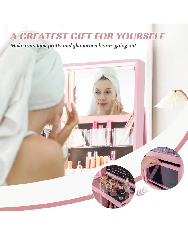 360° Rotating Mirrored Jewelry Cabinet Armoire 3 Color LED Modes Lockable-Pink - Pink - Jewelry Armoires