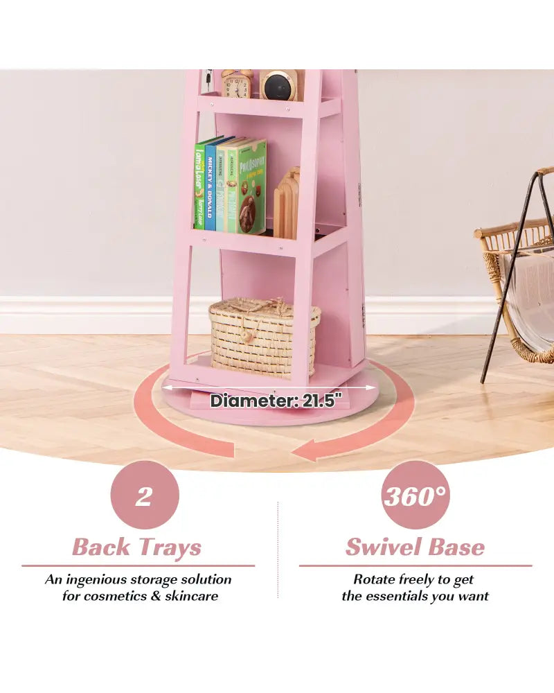 360° Rotating Mirrored Jewelry Cabinet Armoire 3 Color LED Modes Lockable-Pink - Pink - Jewelry Armoires