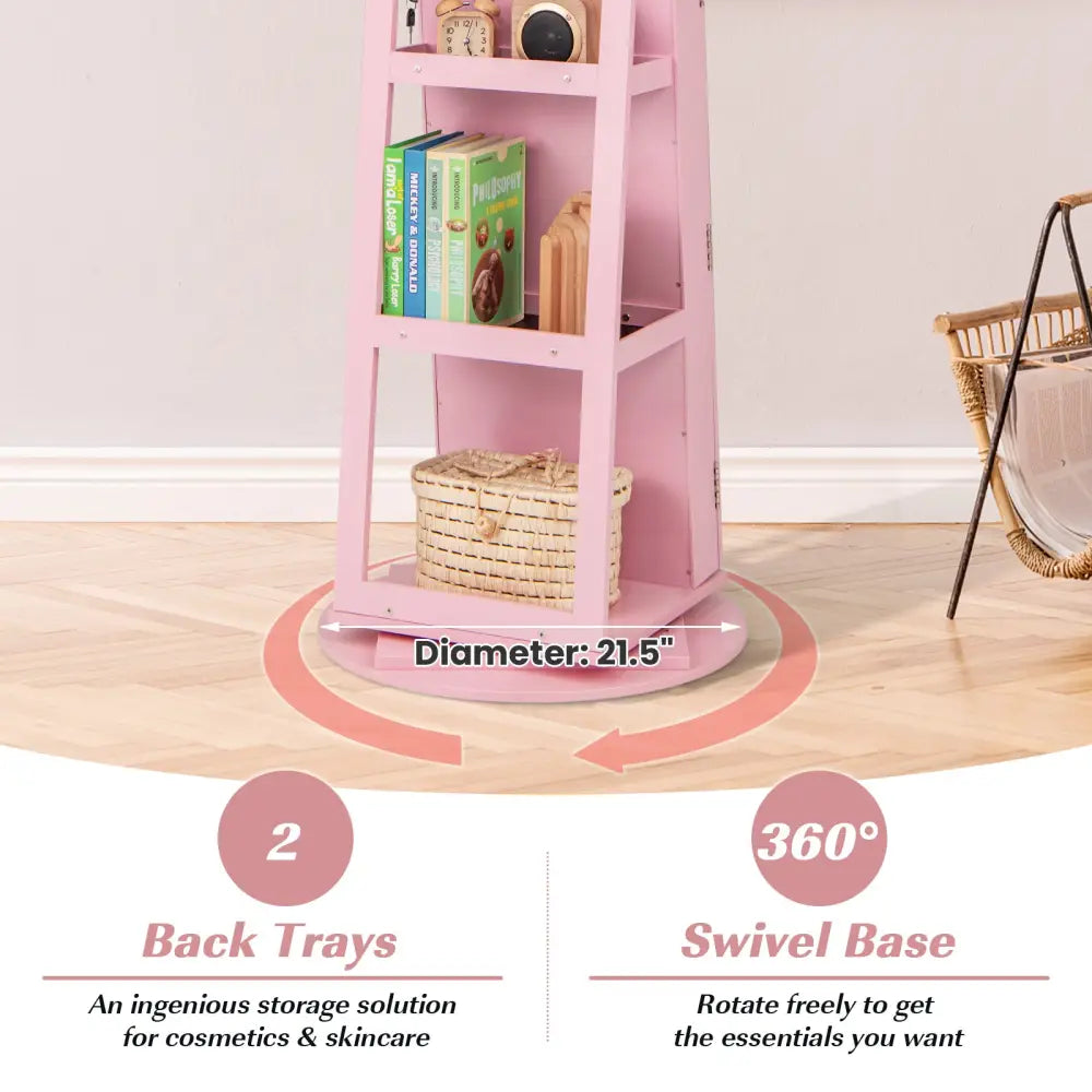 360° Rotating Mirrored Jewelry Cabinet Armoire 3 Color LED Modes Lockable-Pink - Pink - Jewelry Armoires