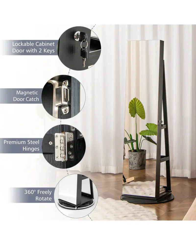 360° Rotating Mirrored Jewelry Cabinet Armoire 3 Color LED Modes Lockable-Black - Black - Jewelry Armoires