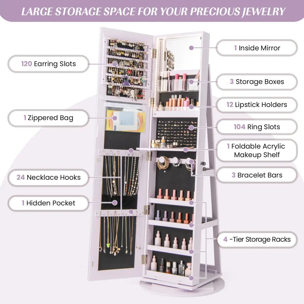 360° Rotating Mirrored Jewelry Cabinet Armoire 3 Color LED Modes Lockable-Purple - Purple - Jewelry Armoires