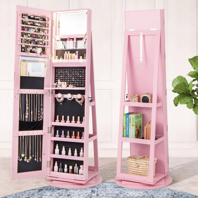 360° Rotating Mirrored Jewelry Cabinet Armoire 3 Color LED Modes Lockable-Pink Costway