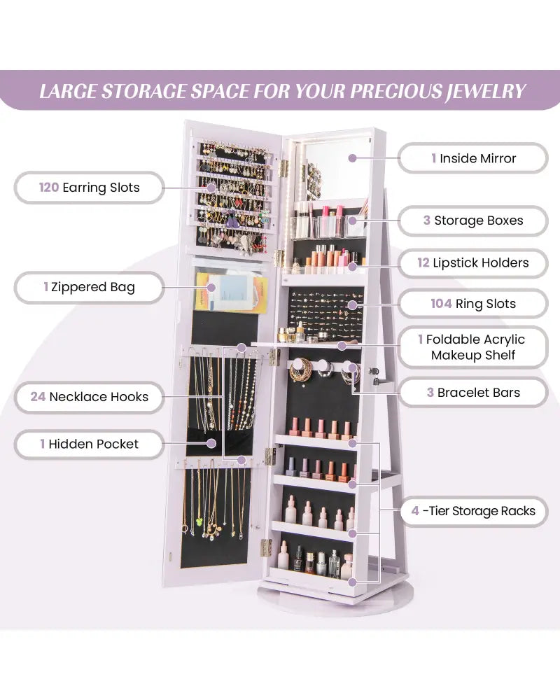 360° Rotating Mirrored Jewelry Cabinet Armoire 3 Color LED Modes Lockable-Purple - Purple - Jewelry Armoires