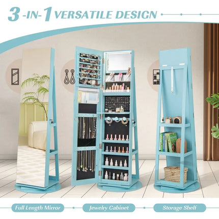 360° Rotating Mirrored Jewelry Cabinet Armoire 3 Color LED Modes Lockable-Blue Costway