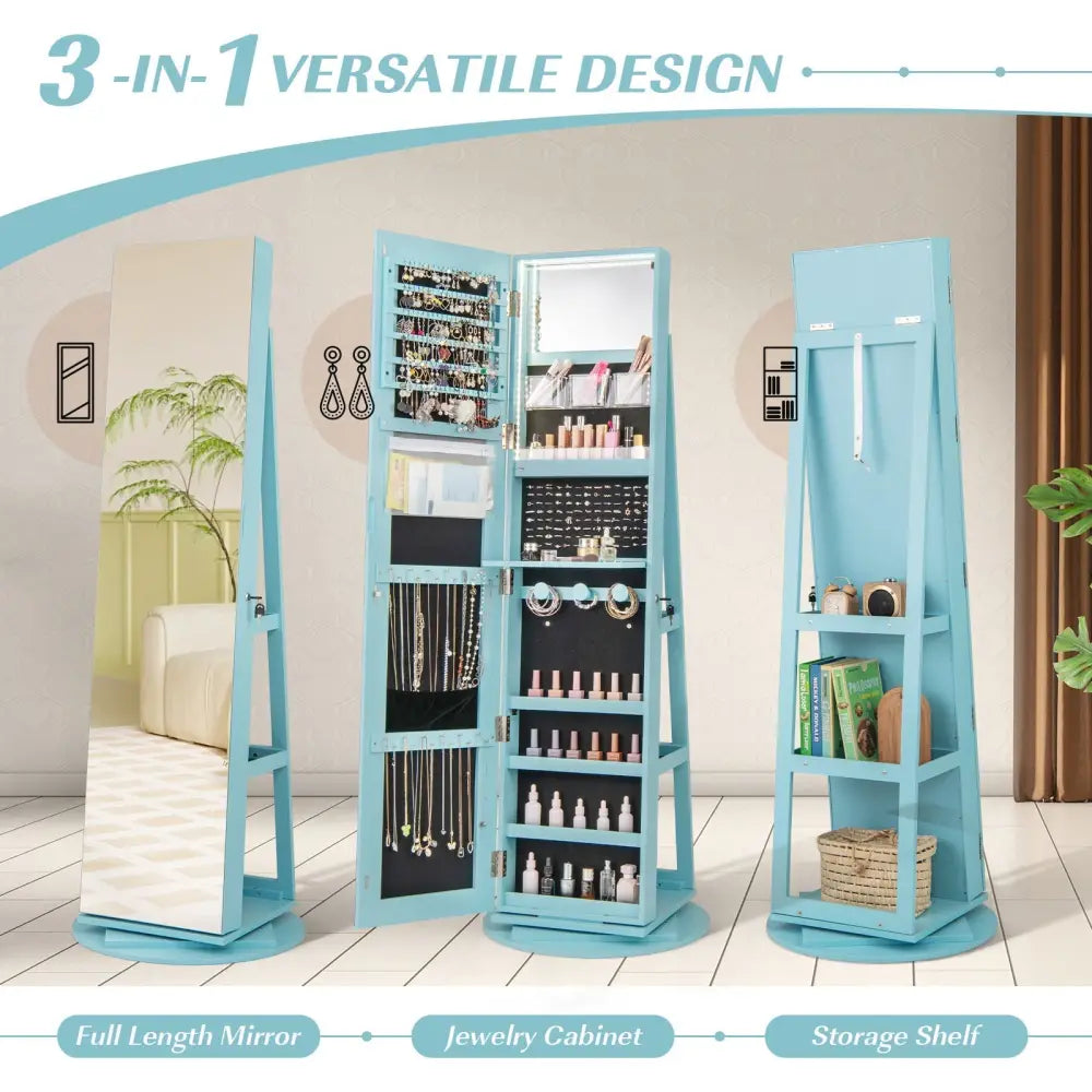 360° Rotating Mirrored Jewelry Cabinet Armoire 3 Color LED Modes Lockable-Blue Costway