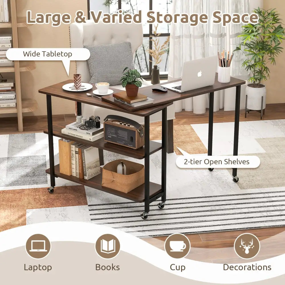 360° Rotating Sofa Side Table with 2-Tier Storage Shelves-Walnut Costway