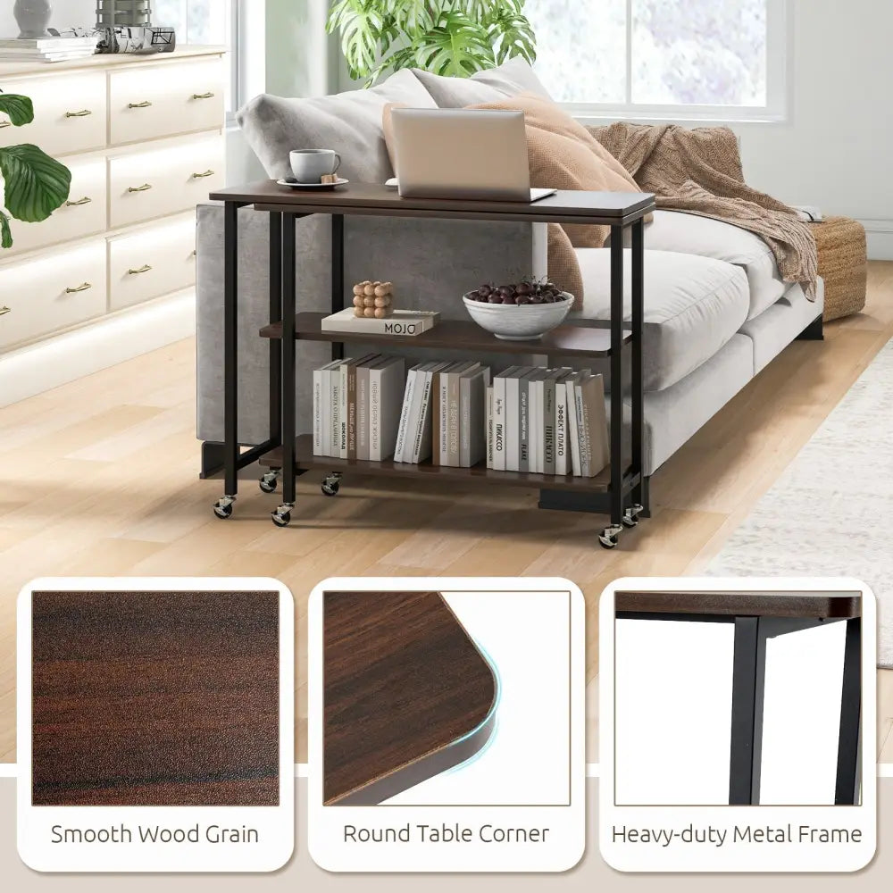 360° Rotating Sofa Side Table with 2-Tier Storage Shelves-Walnut Costway