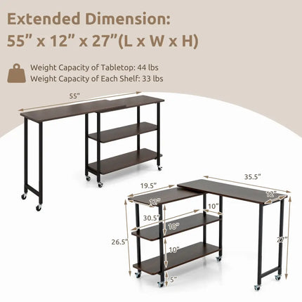 360° Rotating Sofa Side Table with 2-Tier Storage Shelves-Walnut Costway