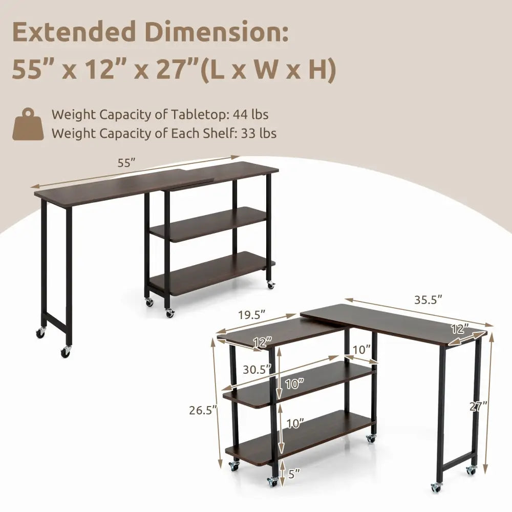 360° Rotating Sofa Side Table with 2-Tier Storage Shelves-Walnut Costway