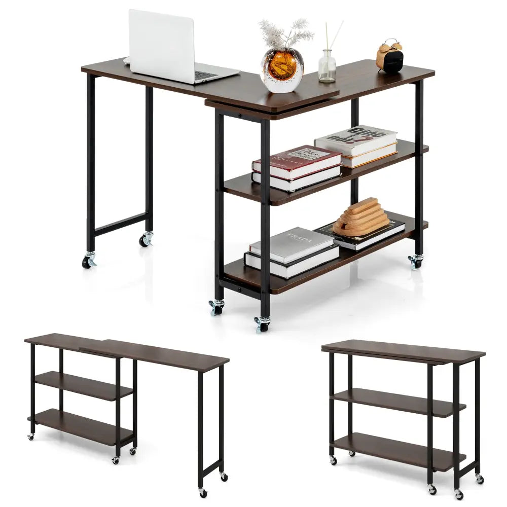360° Rotating Sofa Side Table with 2-Tier Storage Shelves-Walnut Costway