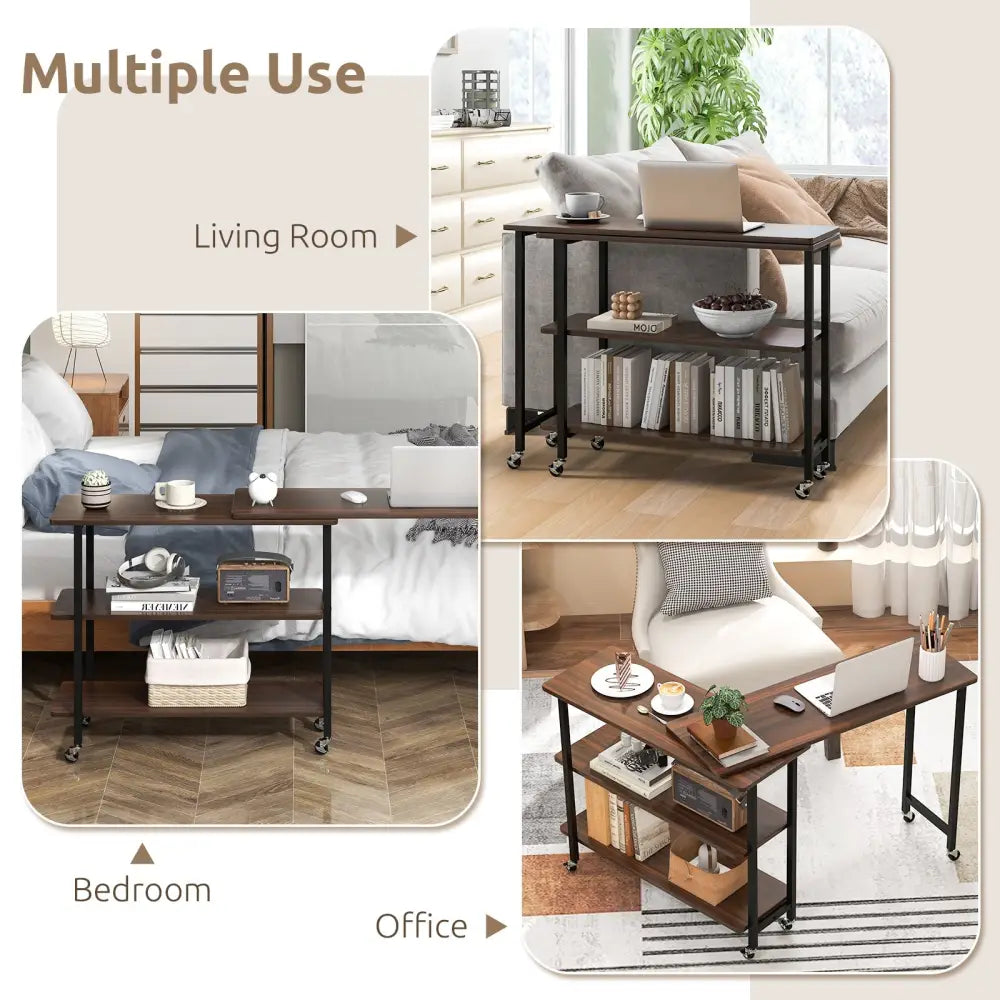 360° Rotating Sofa Side Table with 2-Tier Storage Shelves-Walnut Costway