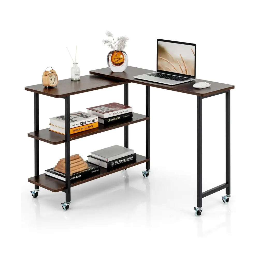 360° Rotating Sofa Side Table with 2-Tier Storage Shelves-Walnut Costway