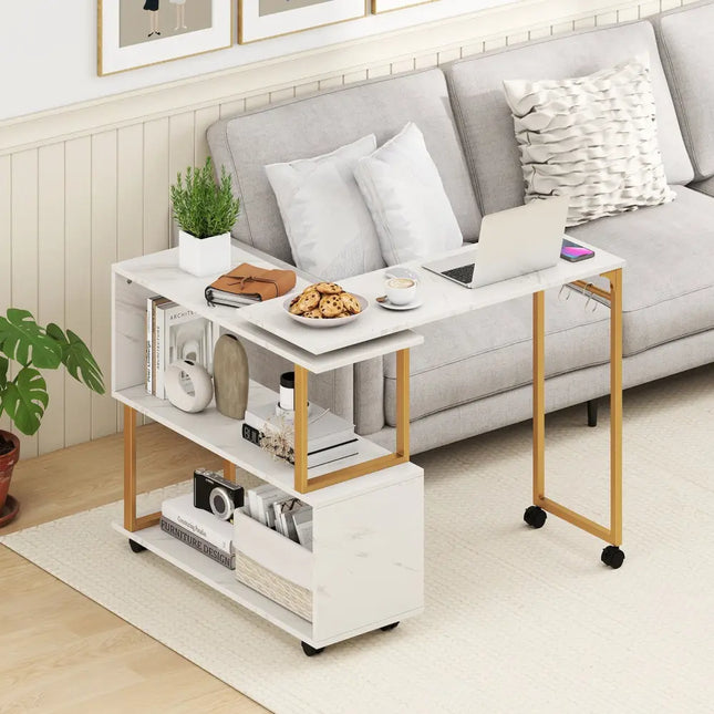 360° Rotating Sofa Side Table with Storage Bookcase and Hooks for Living Room-White Costway