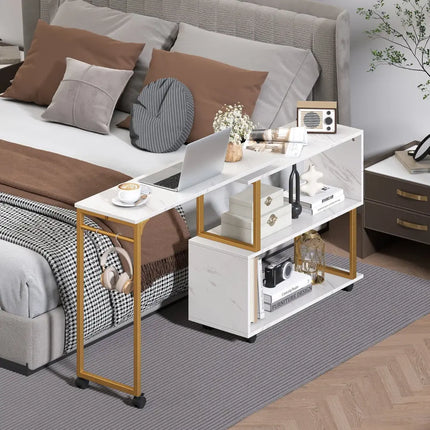 360° Rotating Sofa Side Table with Storage Bookcase and Hooks for Living Room-White Costway