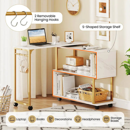 360° Rotating Sofa Side Table with Storage Bookcase and Hooks for Living Room-White Costway