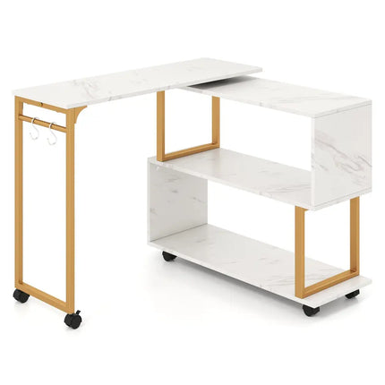 360° Rotating Sofa Side Table with Storage Bookcase and Hooks for Living Room-White Costway