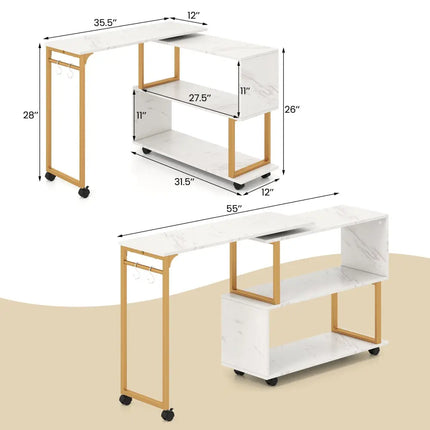 360° Rotating Sofa Side Table with Storage Bookcase and Hooks for Living Room-White Costway