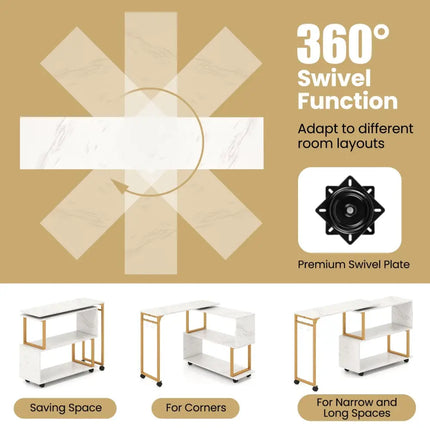 360° Rotating Sofa Side Table with Storage Bookcase and Hooks for Living Room-White Costway