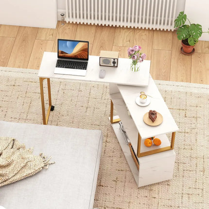 360° Rotating Sofa Side Table with Storage Bookcase and Hooks for Living Room-White Costway