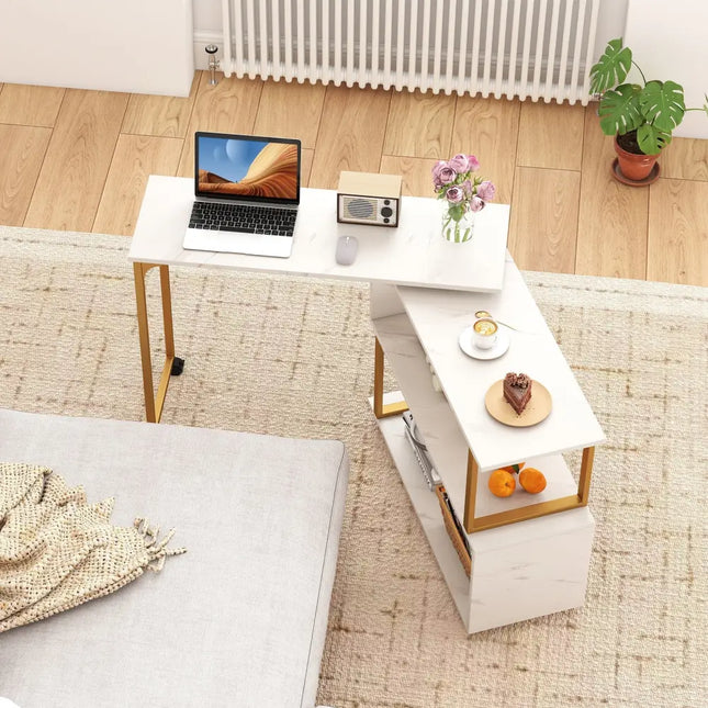 360° Rotating Sofa Side Table with Storage Bookcase and Hooks for Living Room-White Costway