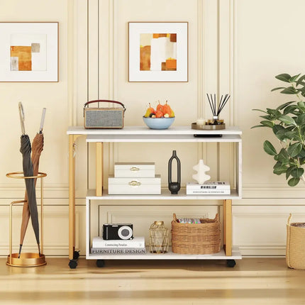 360° Rotating Sofa Side Table with Storage Bookcase and Hooks for Living Room-White Costway